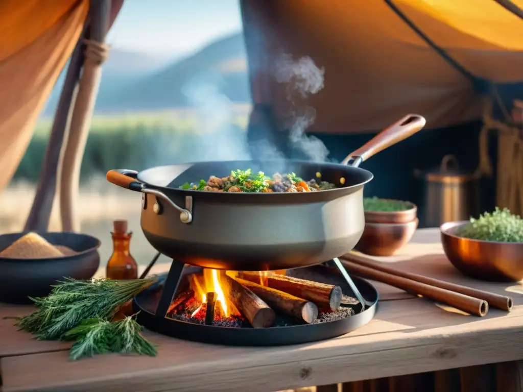 Un chef nómada experto cocina a fuego lento en una olla sobre fogata, rodeado de especias