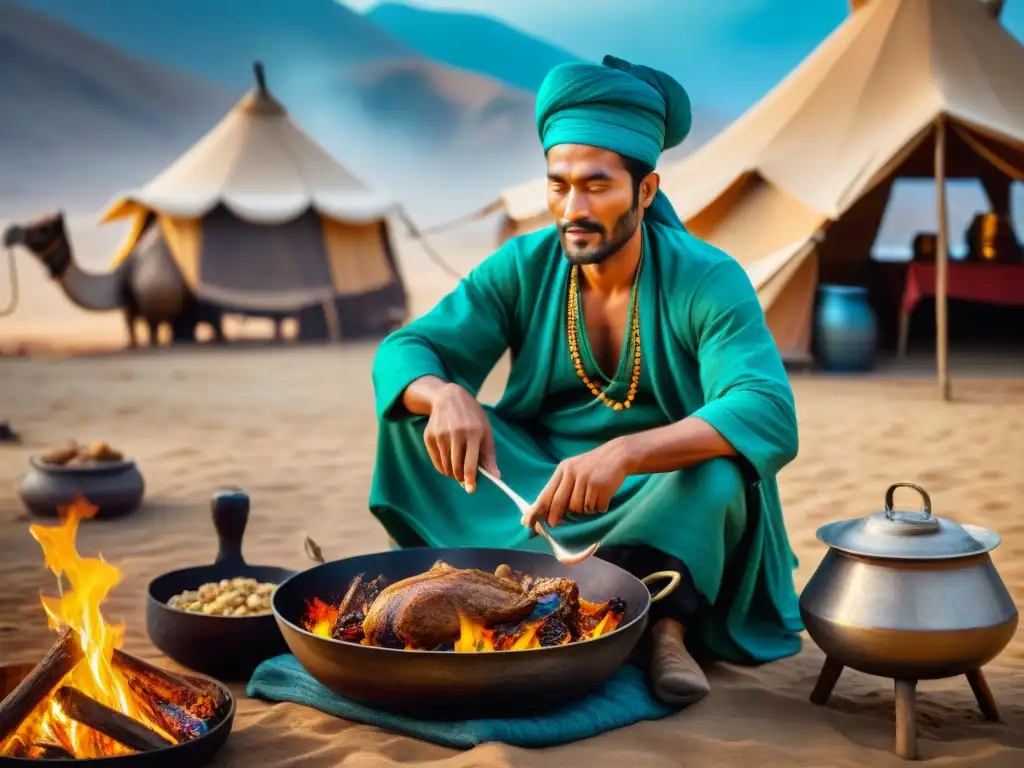 Un chef nómada experto en la Ruta de la Seda, cocinando un plato aromático sobre el fuego en el desierto