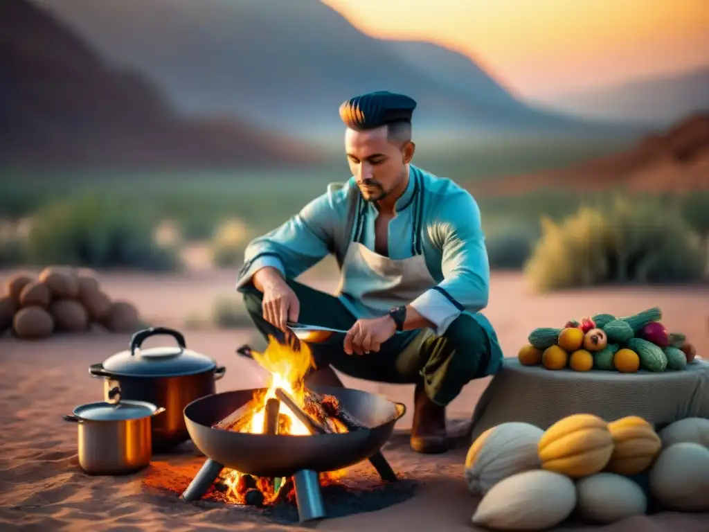 Chef nómada preparando ingredientes locales sobre fuego en desierto al atardecer, destacando sostenibilidad y riqueza cultural