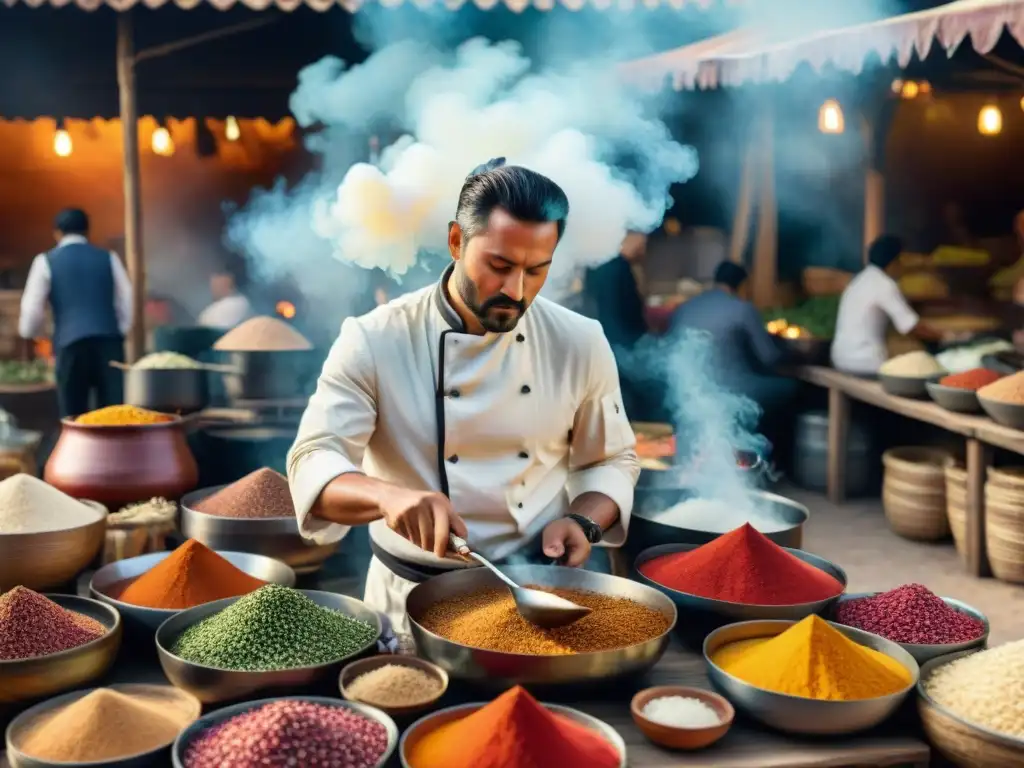 Un chef nómada preparando plato en mercado bullicioso con ingredientes y clientes diversos