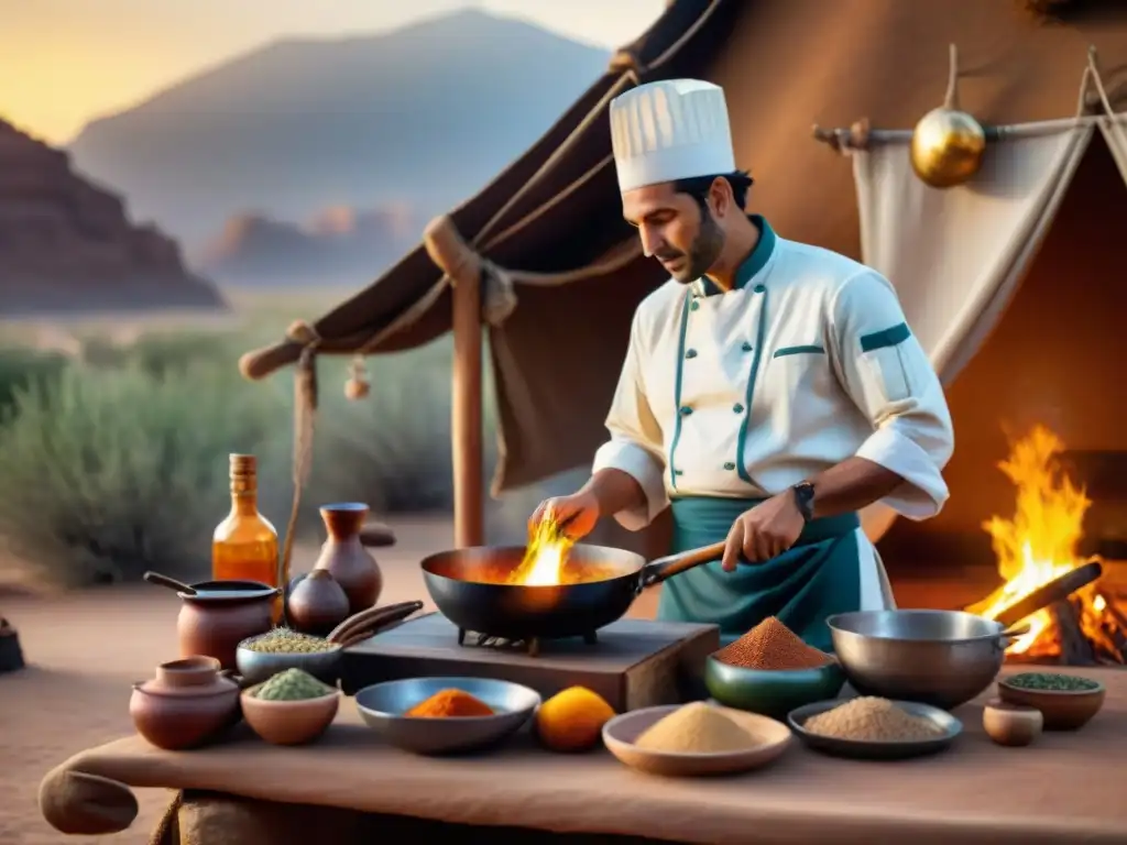 Chef nómada prepara recetas adaptadas paladar moderno en desierto al atardecer