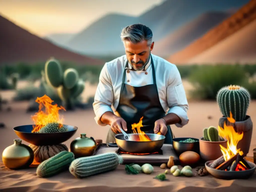 Chef nómada preparando recetas tradicionales en desierto, con filtro vintage