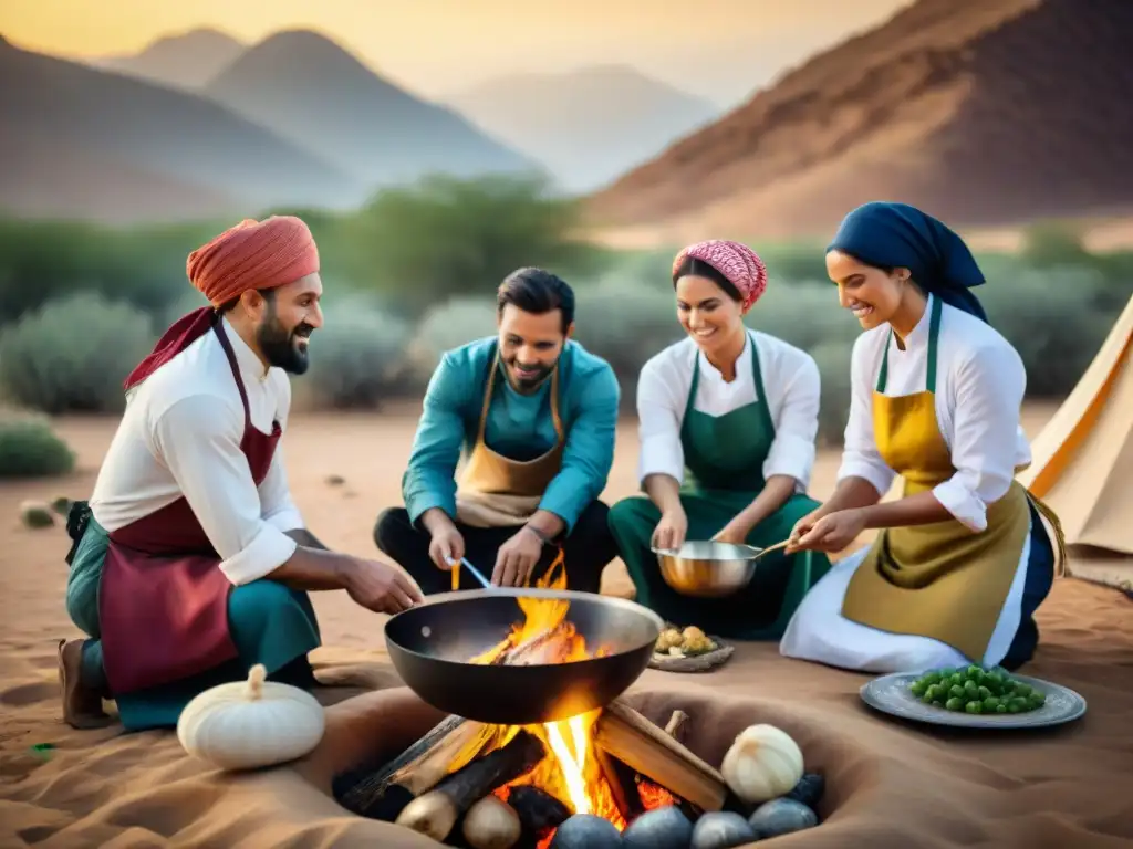 Chef nómadas cocinando en desierto, fusionando gastronomía con sostenibilidad y respeto por el medio ambiente