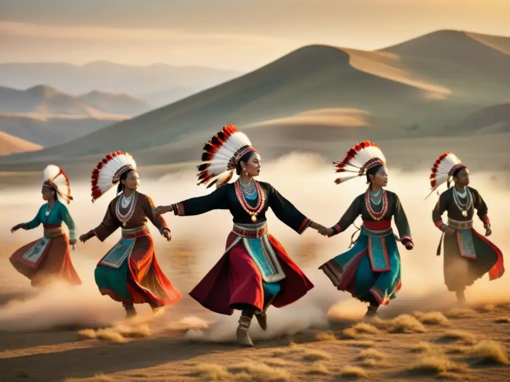 Un círculo de bailarines tribales en las estepas, con simbolismo y danzas ancestrales bajo el sol poniente