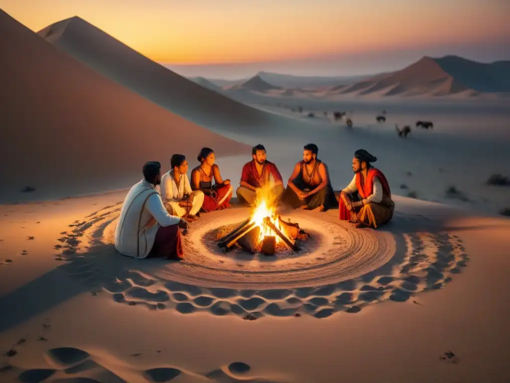 Círculo de tribus nómadas preservando identidades en el desierto al atardecer