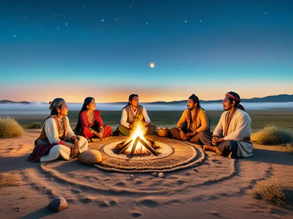 Un círculo de tribus nómadas reunidas alrededor de una fogata, inmersas en narrativas bajo el cielo estrellado