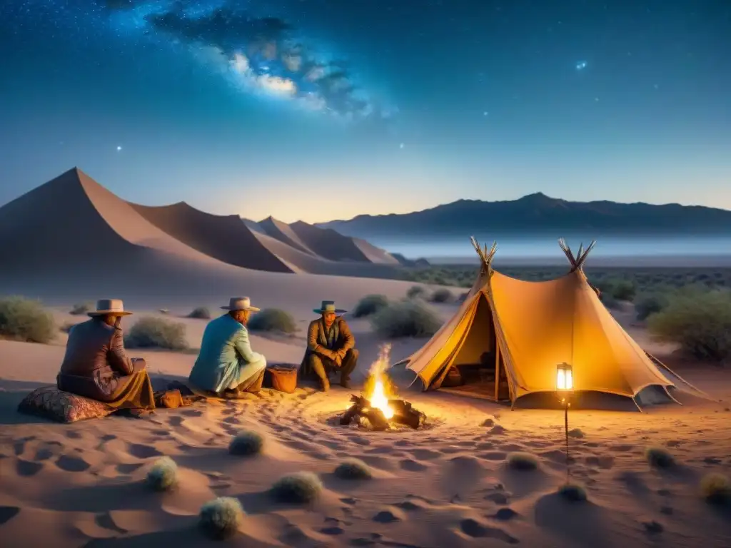 Un clan nómada arma sus hogares temporales en el desierto bajo un cielo estrellado