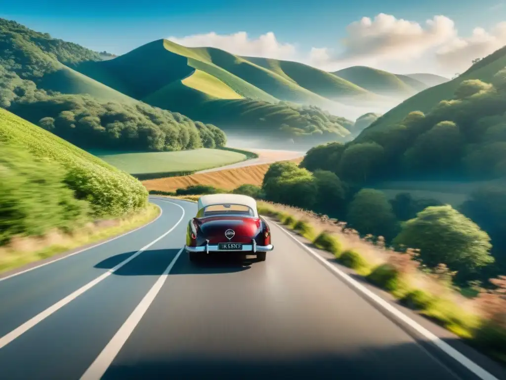 Un clásico coche rojo de los años 50 recorre una carretera serpenteante rodeada de exuberante vegetación bajo un cielo azul