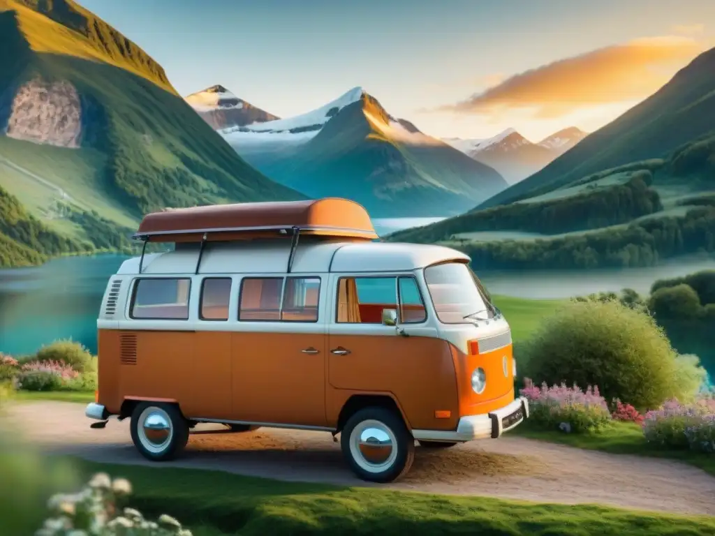 Un clásico camper Volkswagen en un entorno remoto rodeado de montañas, pintado en naranja vibrante