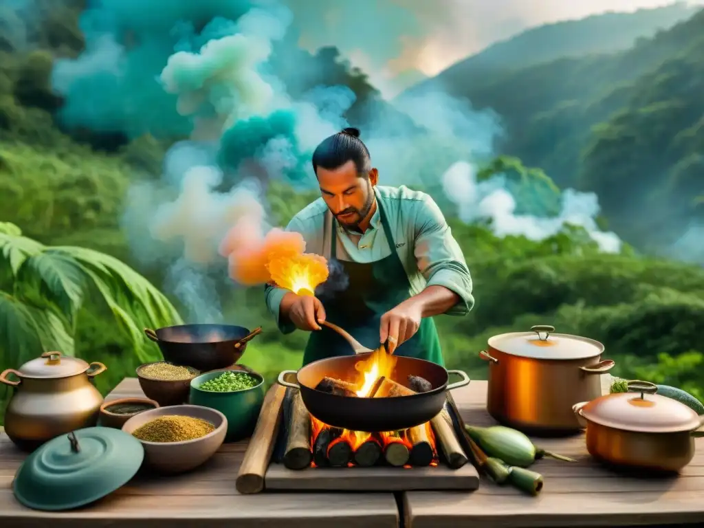 Cocina nómada adaptación culinaria en un bosque verde: chef cocinando sobre fuego abierto