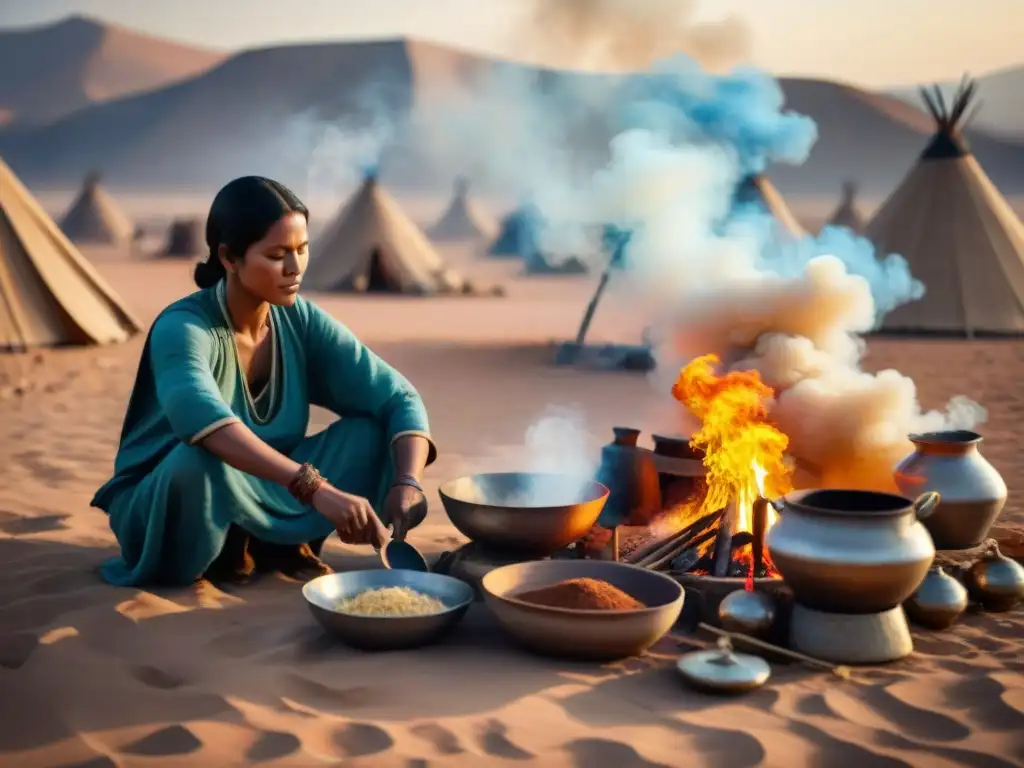 Cocina nómada con métodos de cocción antiguos en el desierto al atardecer