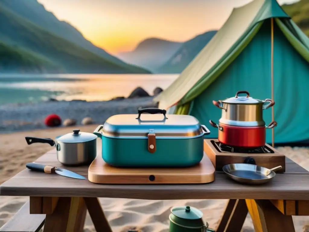 Una cocina portátil para viajeros en la playa al atardecer, con fogón, ingredientes frescos, utensilios antiguos y una nevera retro