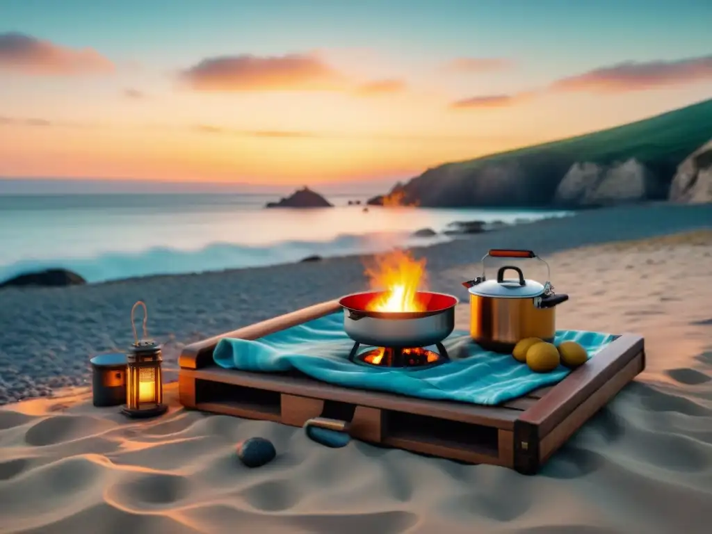 Una cocina portátil vintage en la playa al atardecer, ideal para viajeros aventureros