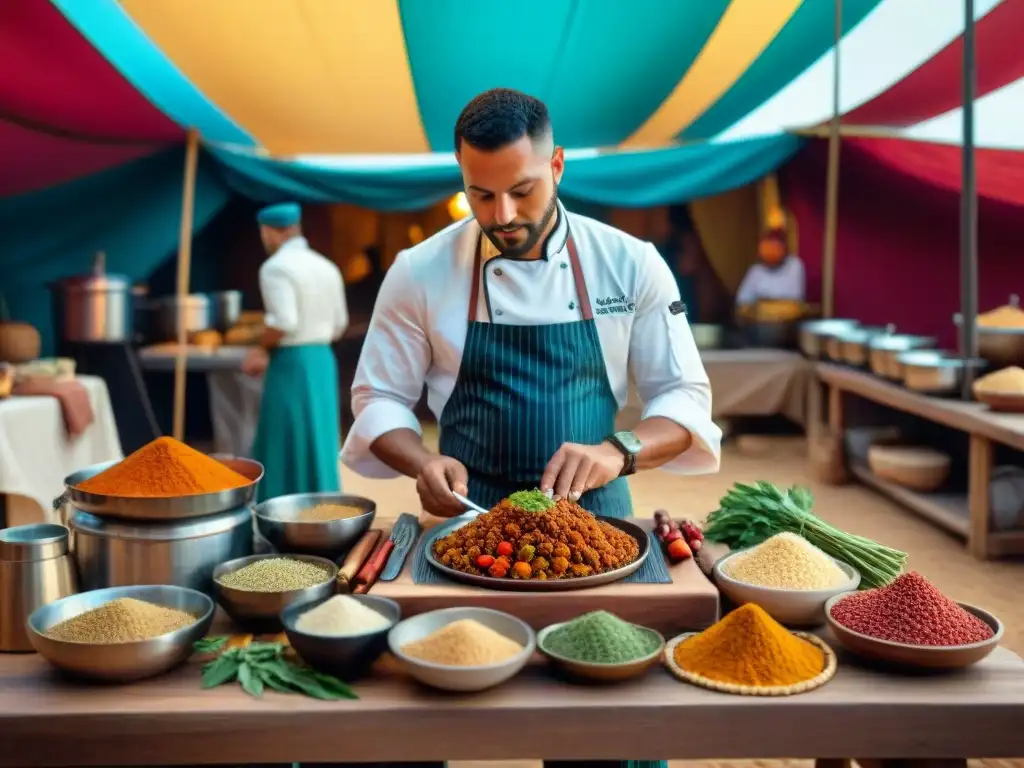 Cocina nómada: chef fusionando sabores en la naturaleza, rodeado de especias y utensilios diversos