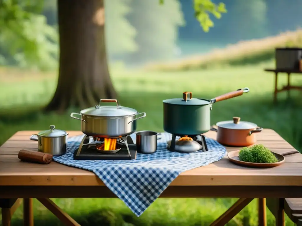 Cocinas portátiles para viajeros: Escena acogedora de cocina vintage al aire libre, con fogón, utensilios y mantel a cuadros en la naturaleza