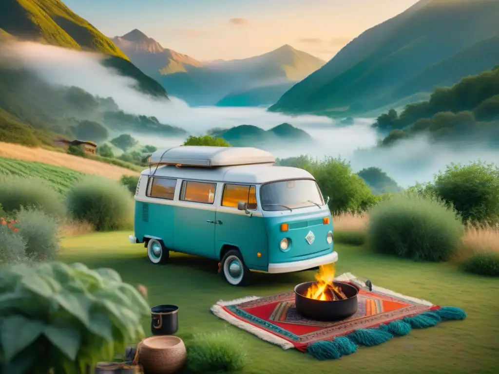 Cocinas portátiles para viajeros: Una escena nostálgica de una camper vintage en la naturaleza, con un montaje de cocina al aire libre al atardecer