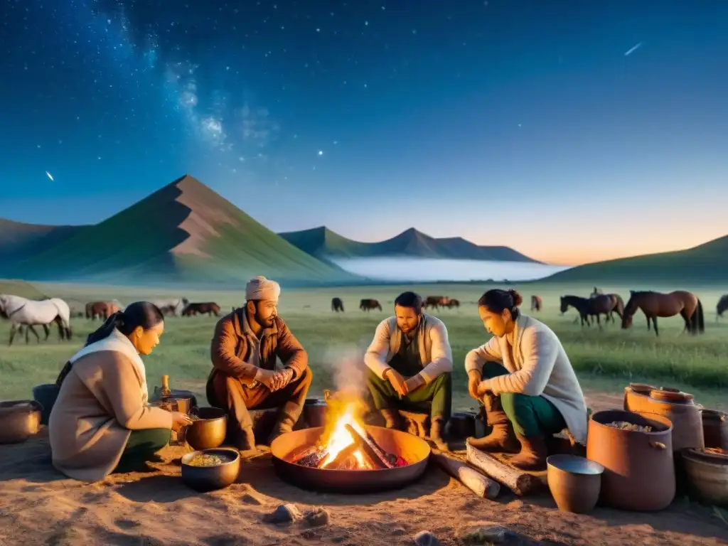 Cocineros nómadas preparando festín tradicional bajo cielo estrellado en estepas