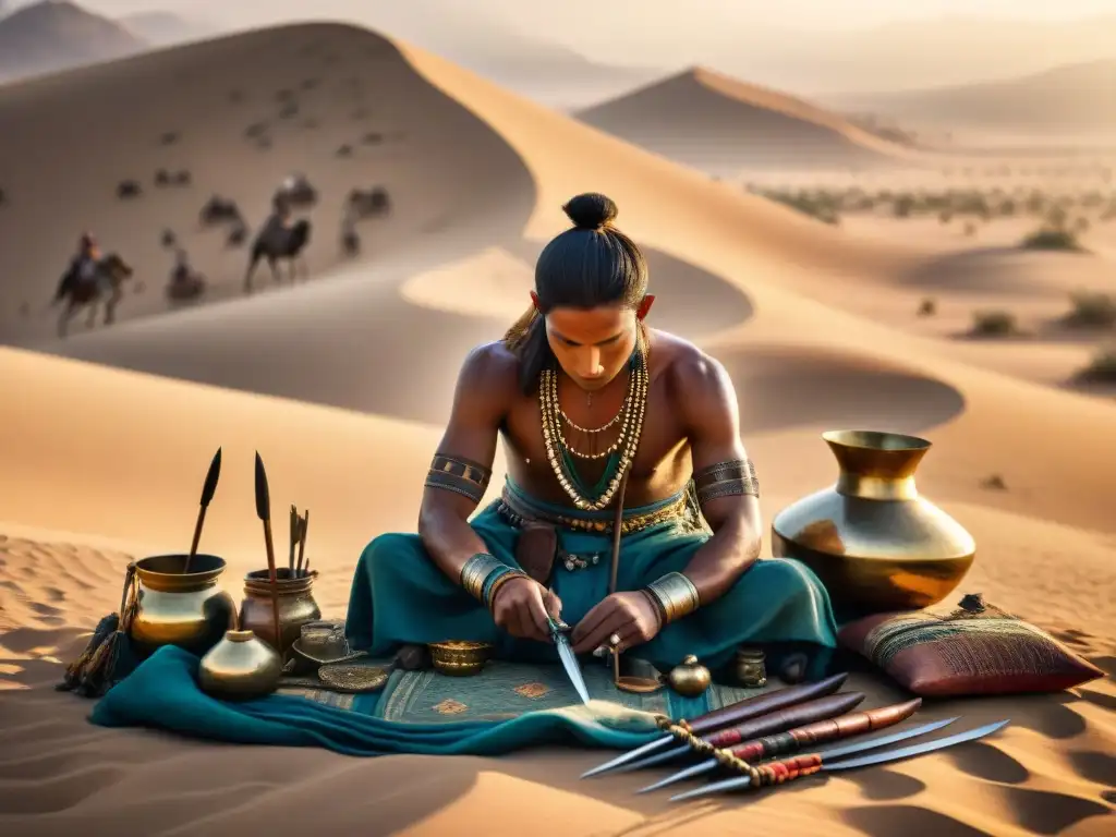 Armería tribal en el desierto: armas antiguas y artesanía Una colección de armas utilizadas por tribus nómadas, exhibidas en alfombras tejidas, bajo el cálido sol del desierto