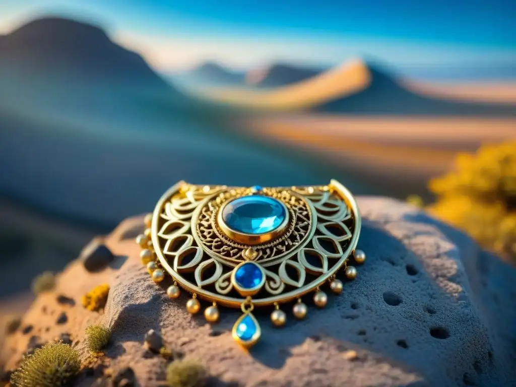 Collar de oro con gemas y filigrana en la estepa bajo cielo azul, evocando la circulación de bienes de lujo