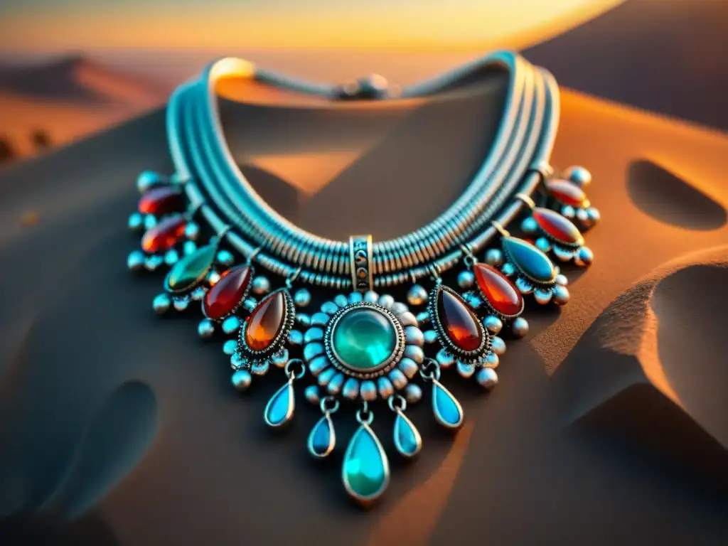 Un collar de plata vintage adornado con piedras semipreciosas en patrones tribales, resplandeciendo bajo la suave luz de un atardecer en el desierto