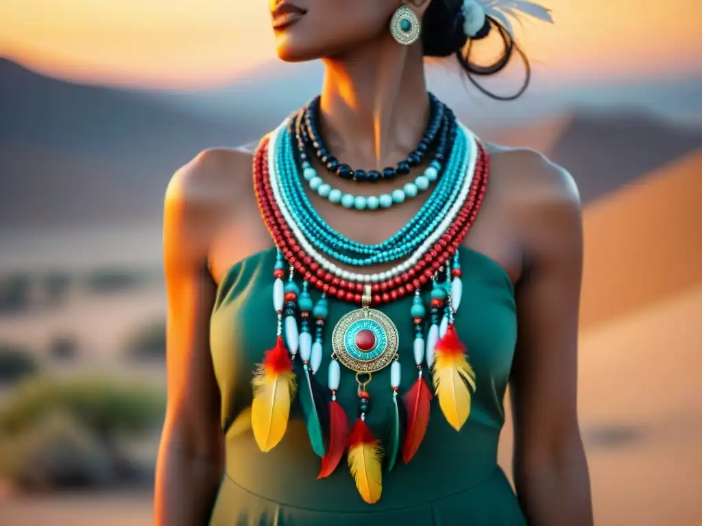 Un collar tribal vintage con cuentas y plumas, en un desierto al atardecer, fusionando joyería nómada con la belleza natural