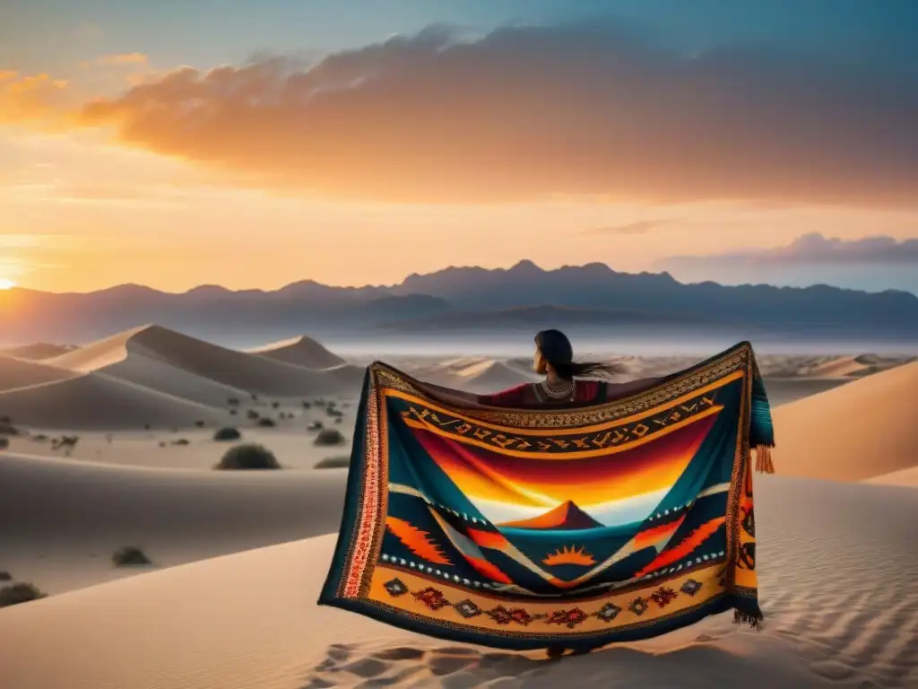 Una colorida artesanía nómada con historia cultural y artefactos tradicionales en vibrantes colores bajo un atardecer dorado en el desierto