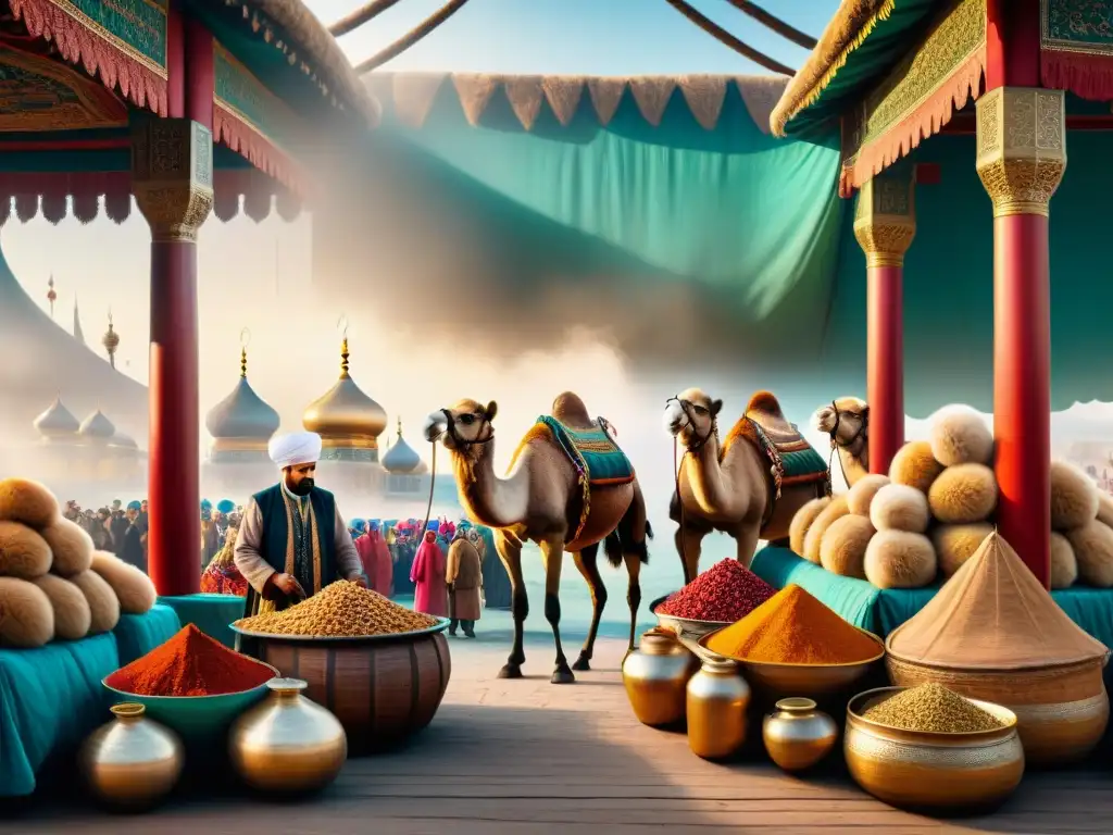 Mercado vibrante de los tártaros: intercambio cultural y comercial Colorido mercado tártaro de especias y pieles, reflejo de la historia del comercio y la cultura de intercambio