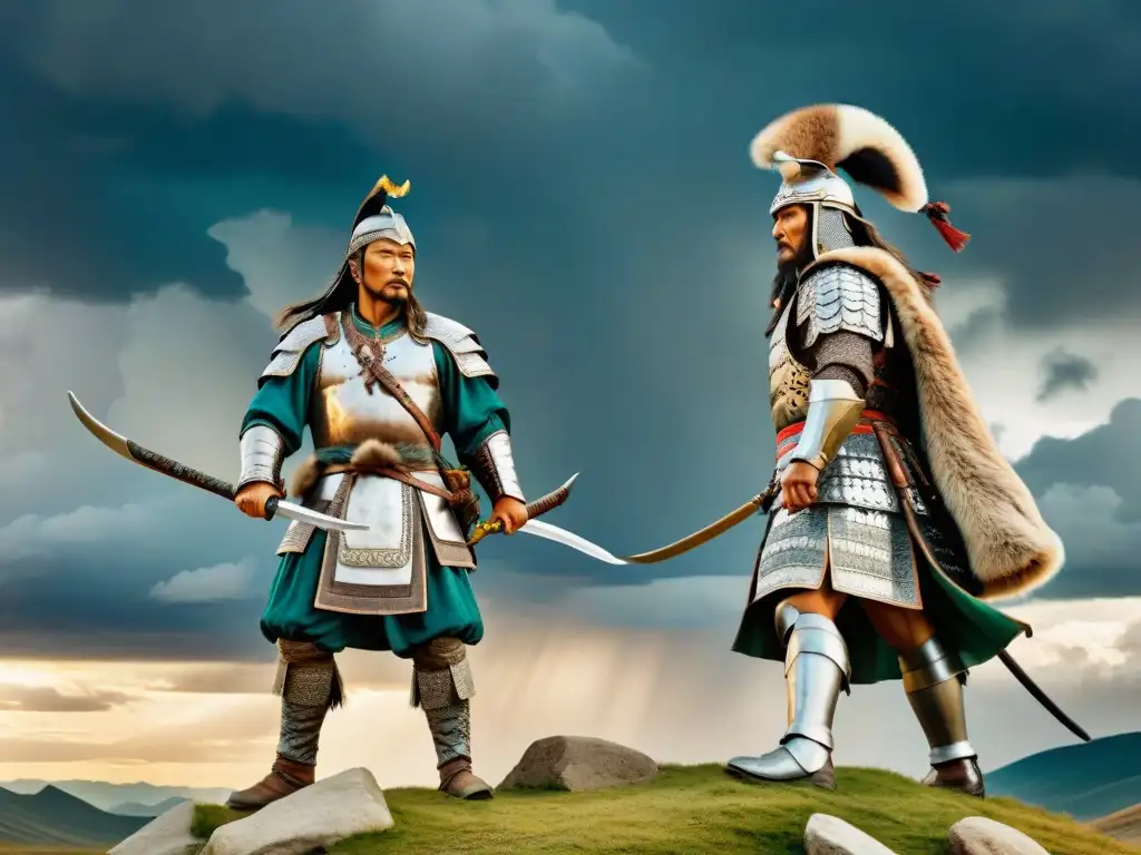 Dos colosales estatuas de Atila el Huno y Genghis Khan enfrentados en un campo de batalla, bajo un cielo dramático