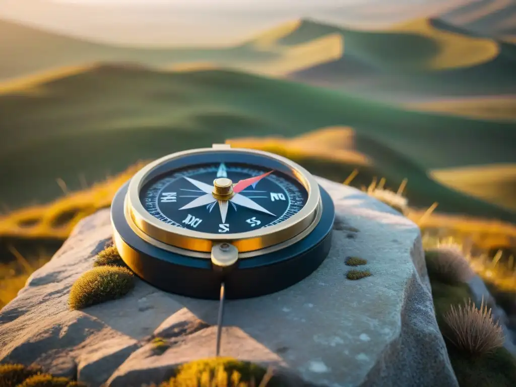 Compás antiguo sobre roca cubierta de musgo en estepas de Mongolia al atardecer, apuntando hacia el horizonte