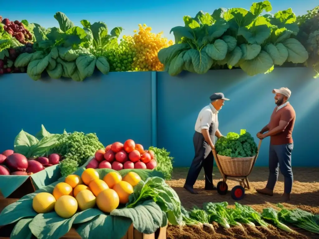 Una comunidad feliz recolecta frutas y verduras bajo el sol, transmitiendo salud y abundancia