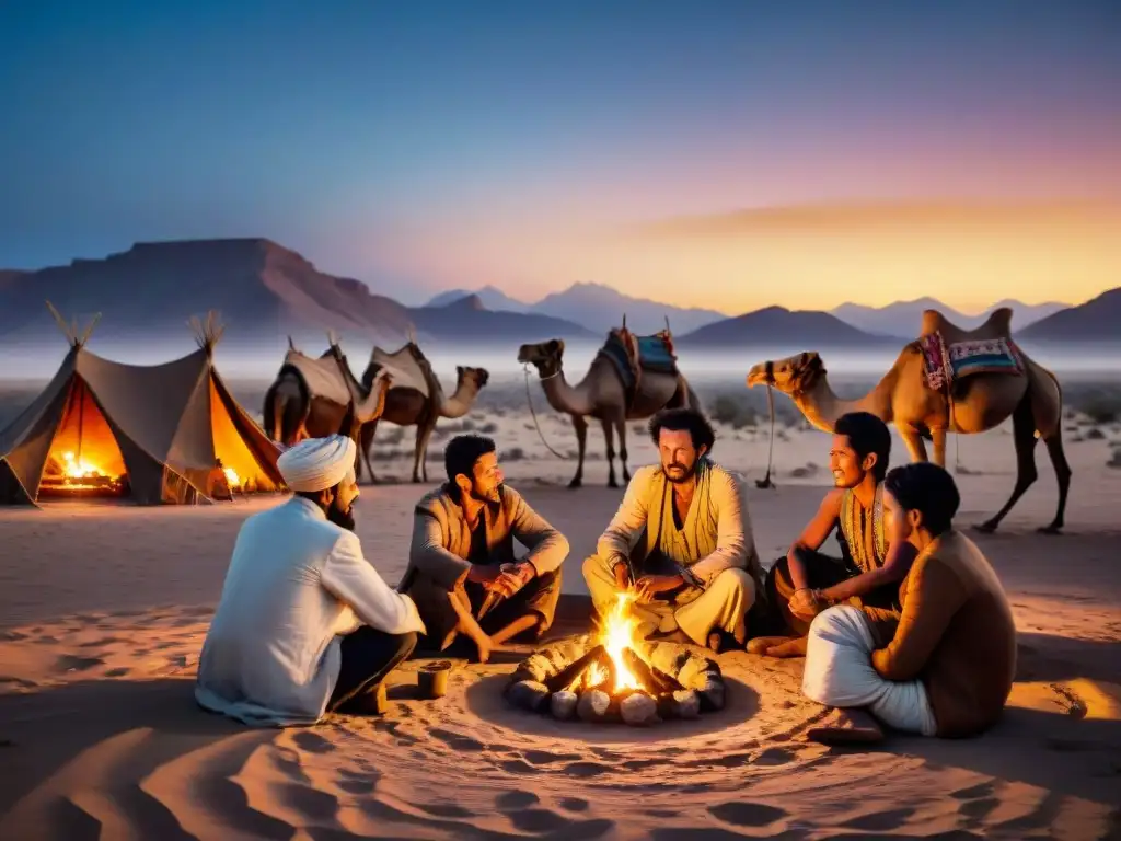 Una comunidad en migraciones nómadas reunida alrededor de una fogata en el desierto estrellado, compartiendo historias y tradiciones