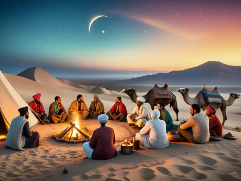 Comunidad nómada celebrando a sus antepasados alrededor de una hoguera bajo un cielo estrellado en el desierto