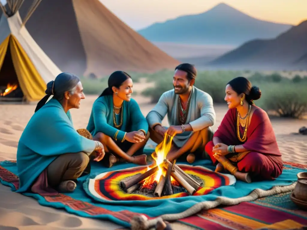 Una comunidad nómada preparando una comida tradicional alrededor del fuego en un paisaje desértico