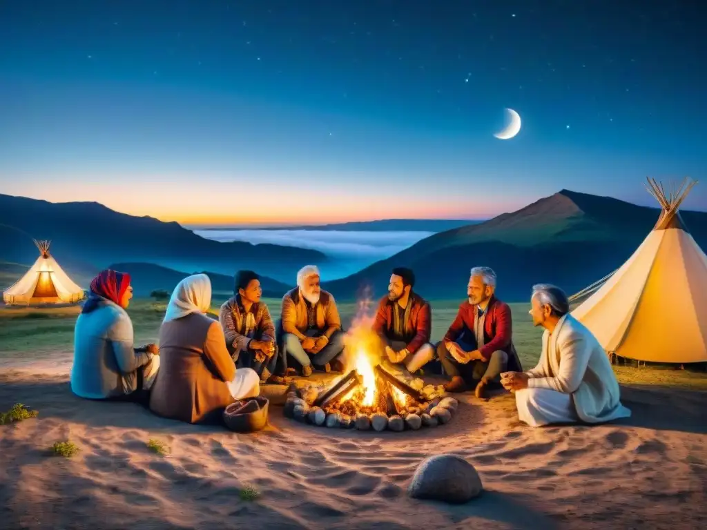 Comunidad nómada reunida alrededor de una fogata bajo el cielo estrellado, celebrando tradiciones y cuentos de antepasados