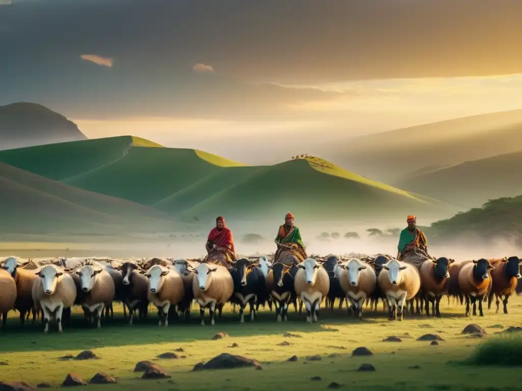 Pastoralismo nómada al atardecer: tradición en la naturaleza Una comunidad nómada pastoreando en vastas llanuras verdes al atardecer, resaltando la tradición y la armonía con la naturaleza