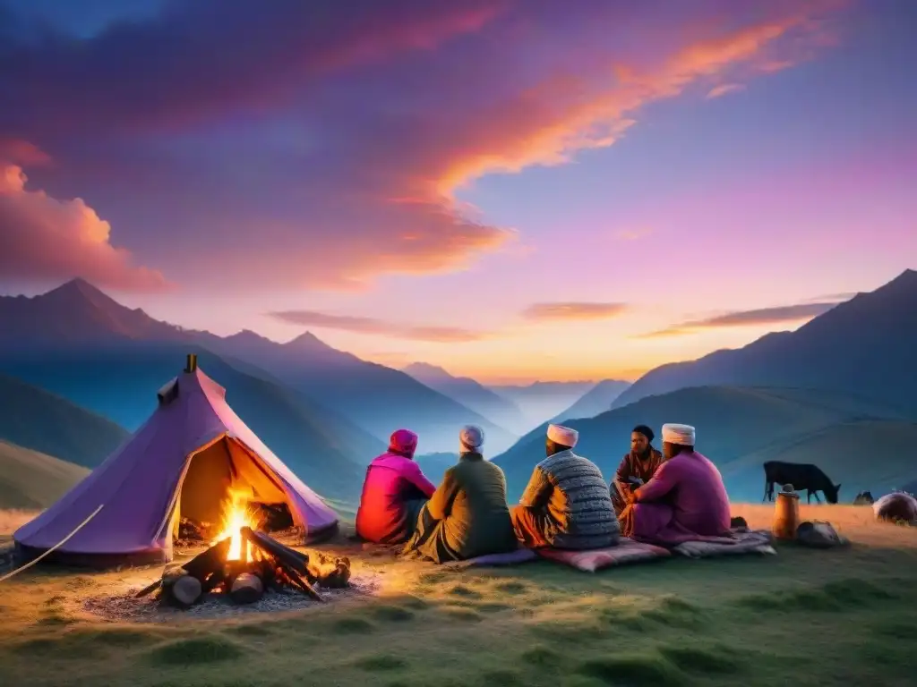 Comunidad y tradición en campamento de tribus nómadas Asia Central al atardecer