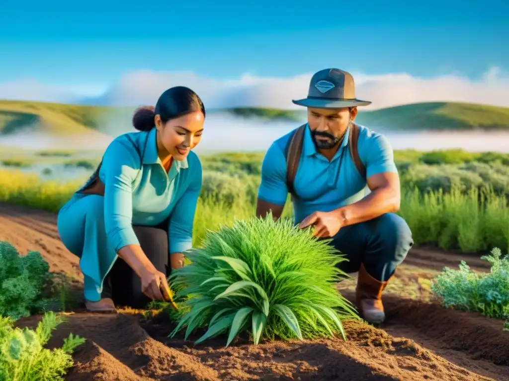 Comunidad unida protegiendo estepas nativas, plantando vegetación y cuidando la tierra bajo cielo azul