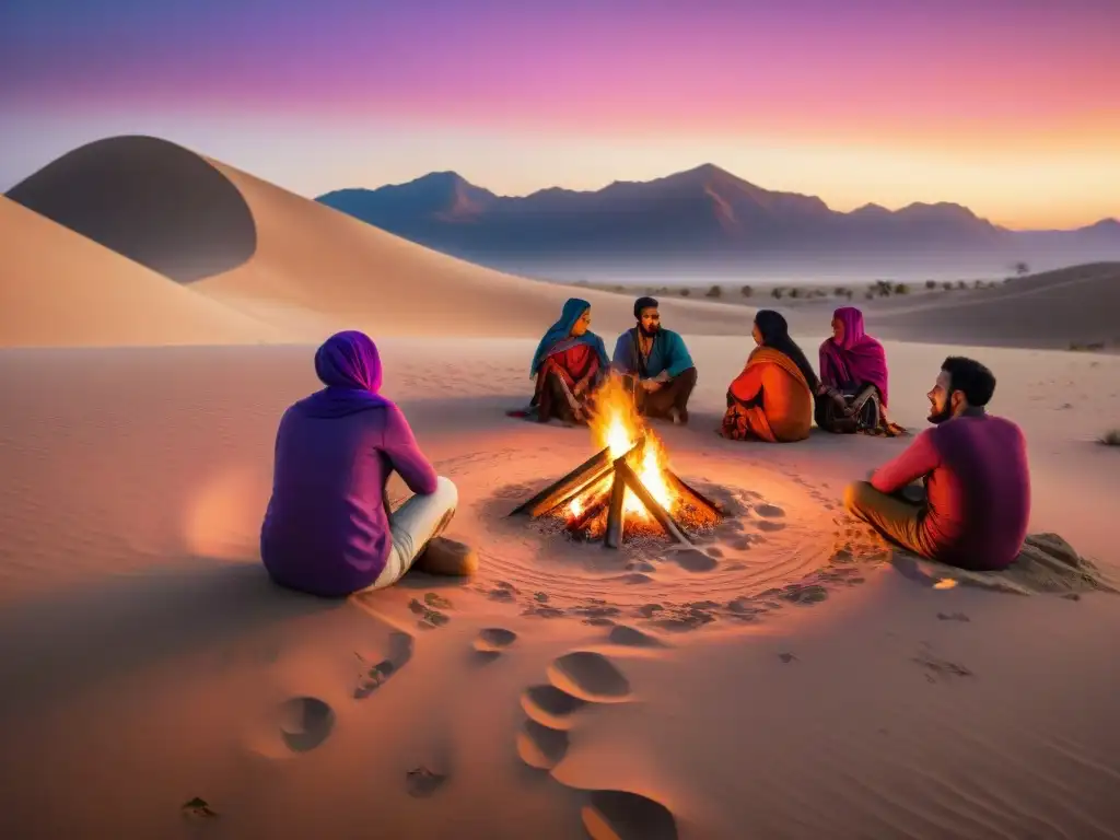 Gestión de conflictos en tribu nómada alrededor de fogata en desierto al atardecer