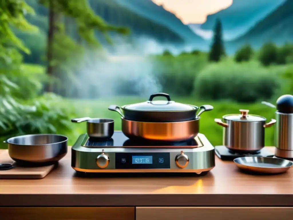 Conjunto de equipos de cocina portátiles tecnología en un campamento al aire libre