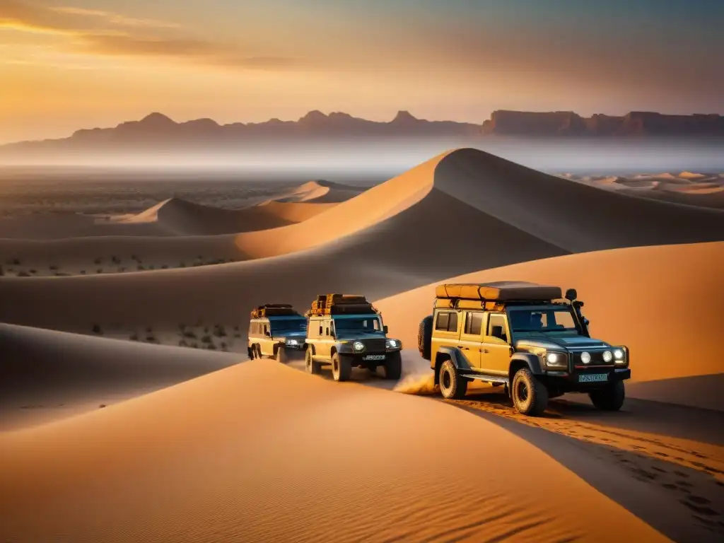 Conjunto de mejores vehículos 4x4 tribus nómadas atravesando desierto al atardecer, evocando aventura y exploración