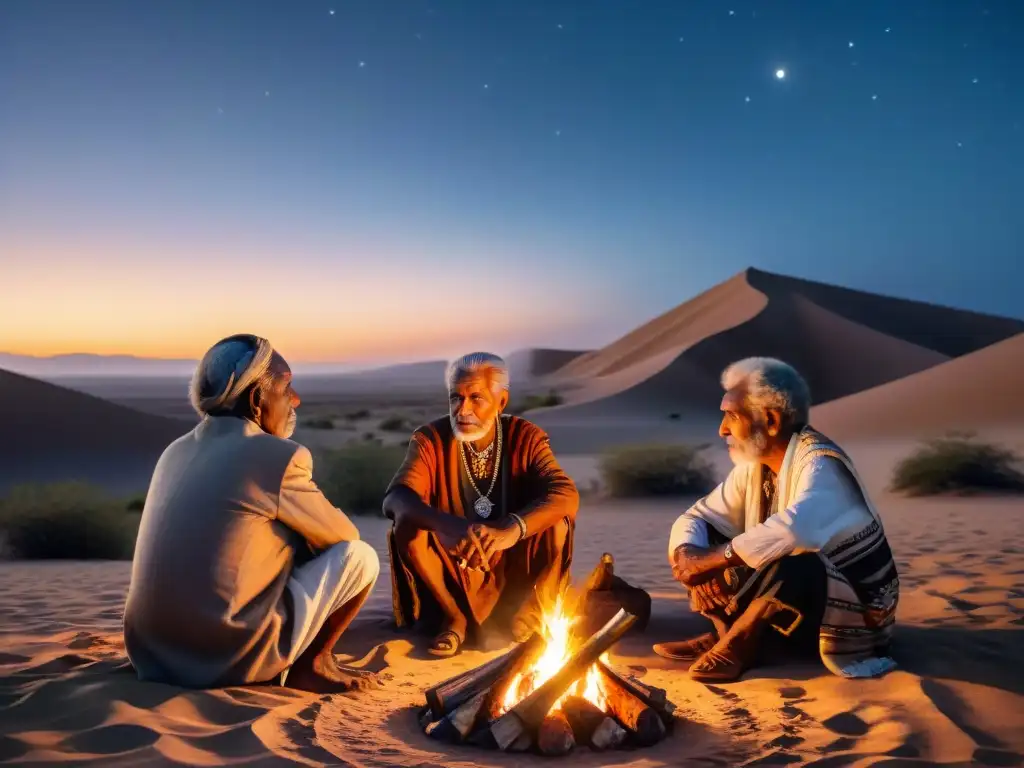 Conmovedora transmisión de conocimientos tribales entre generaciones en un campamento nómada al atardecer