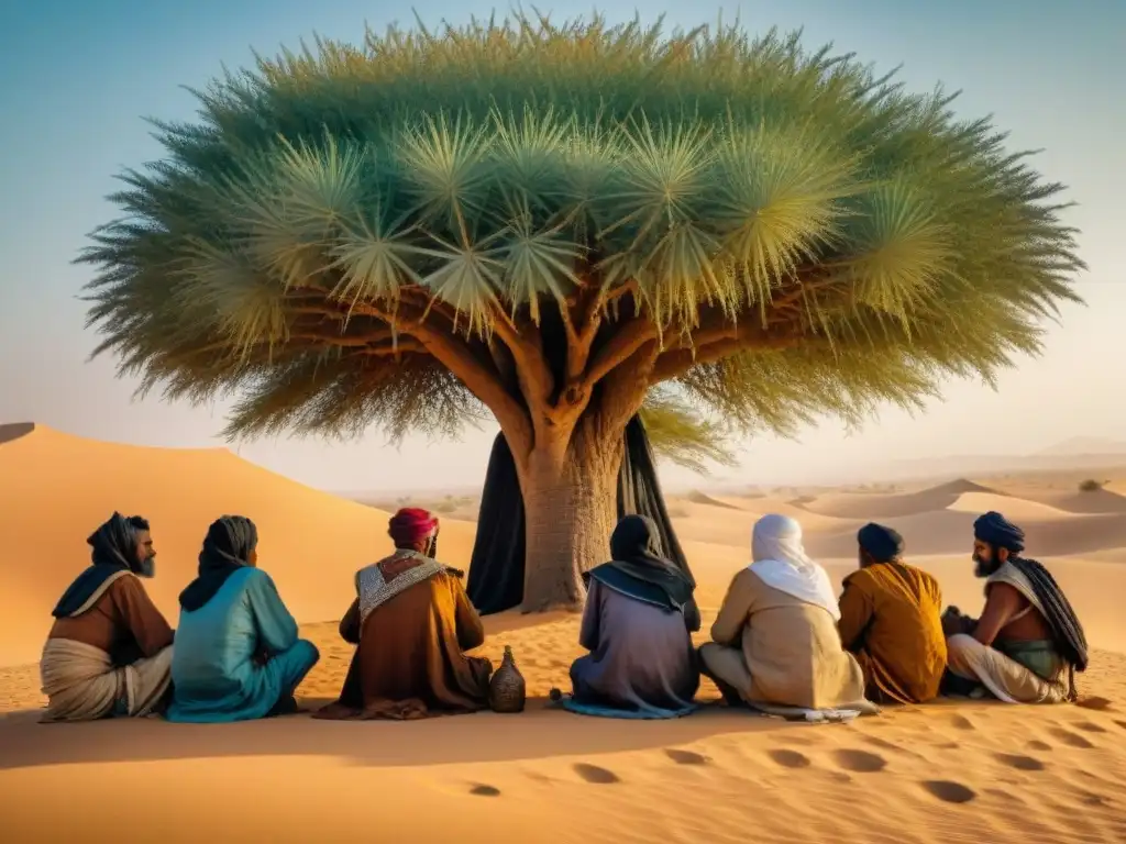 Transmisión de conocimientos espirituales entre ancianos Tuareg bajo un árbol en el desierto