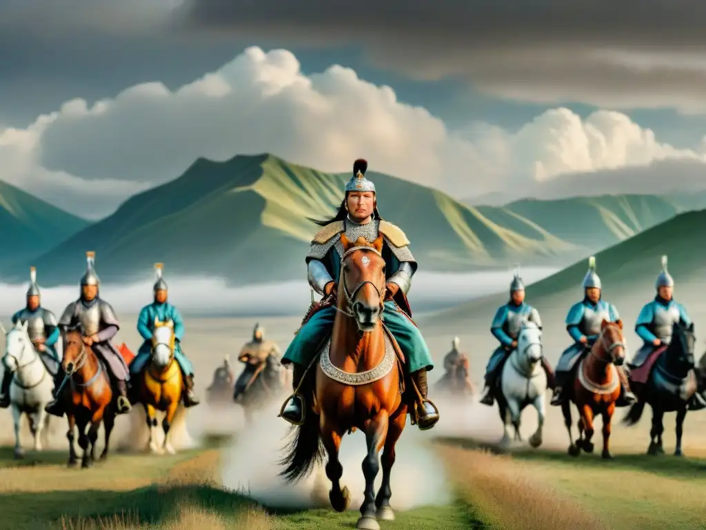 Épica ilustración vintage de Genghis Khan liderando la Conquista de los Mongoles análisis en vasta llanura