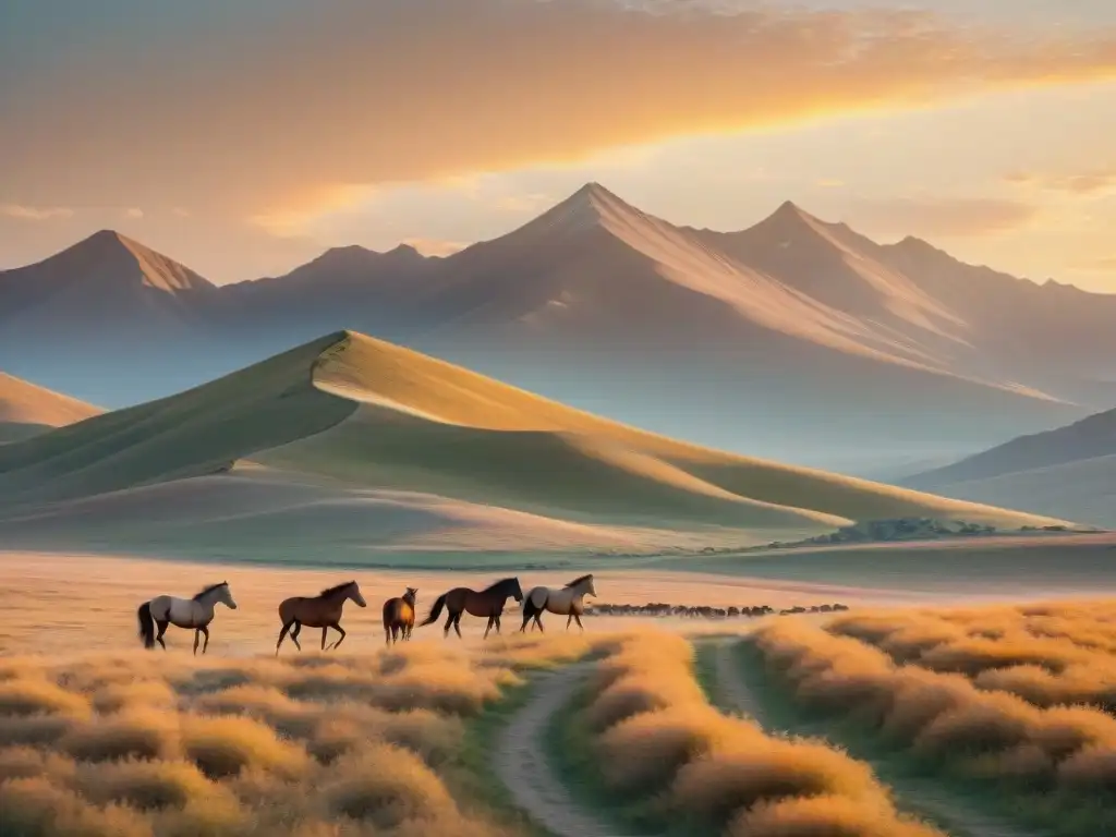 Consejos viaje sostenible estepas: Amplia estepa dorada al atardecer, con caballos salvajes y montañas al fondo