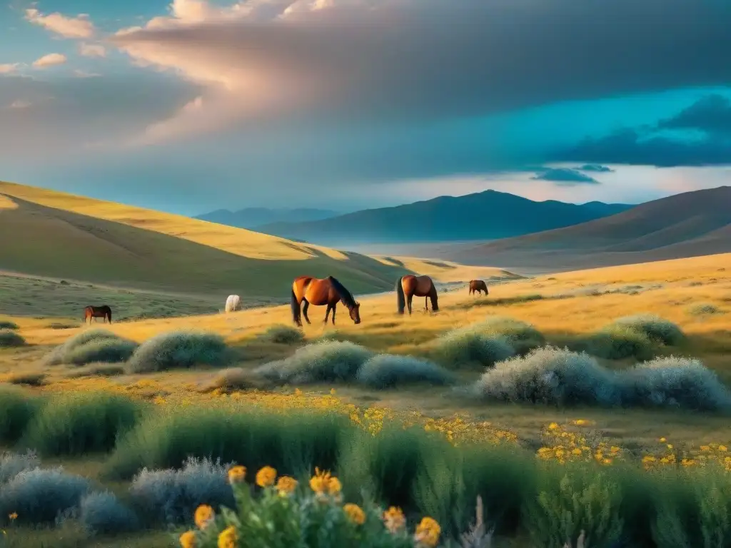 Consejos para un viaje sostenible por las estepas: majestuosos caballos salvajes pastando en un paisaje sereno y vasto, bajo un cielo dramático