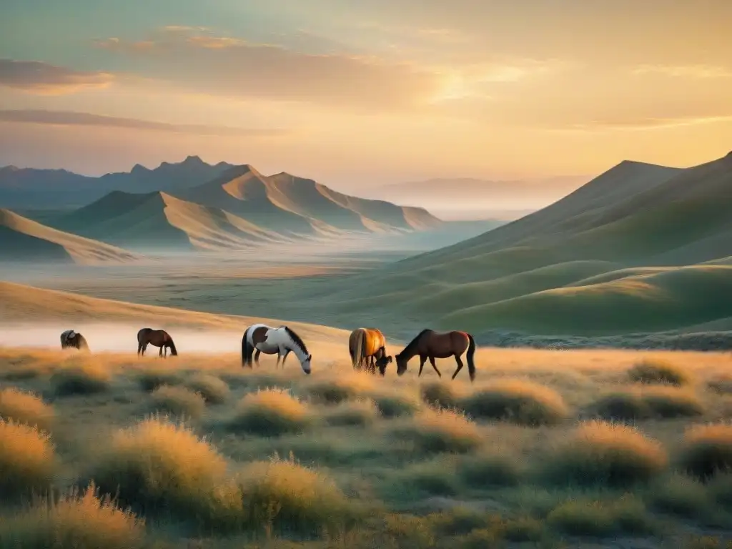 Consejos para un viaje sostenible por las estepas: paisaje infinito de pastizales dorados al atardecer, caballos salvajes y paz