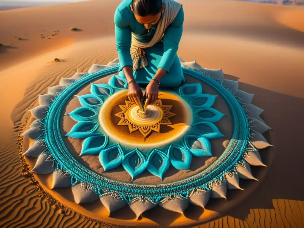 Construcciones nómadas arte efímero: Tribu nómada crea mandalas de arena en el desierto al atardecer