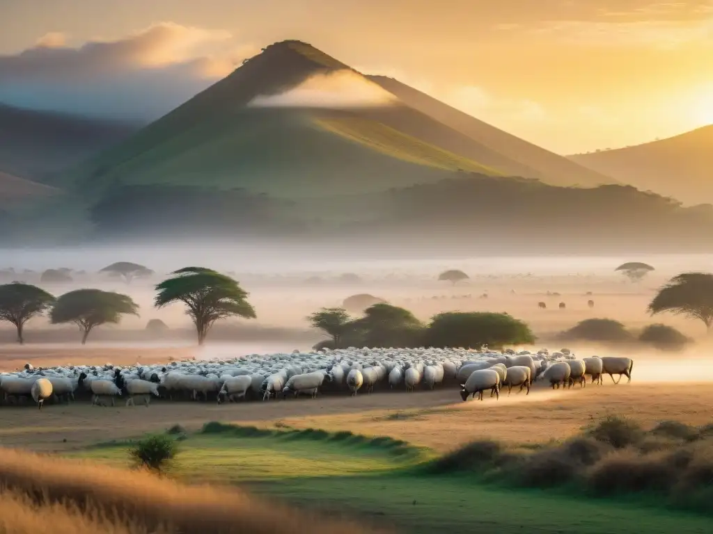 Convivencia armonica tribus nomadas en la sabana al atardecer, junto a animales salvajes, bajo luz dorada y filtro vintage