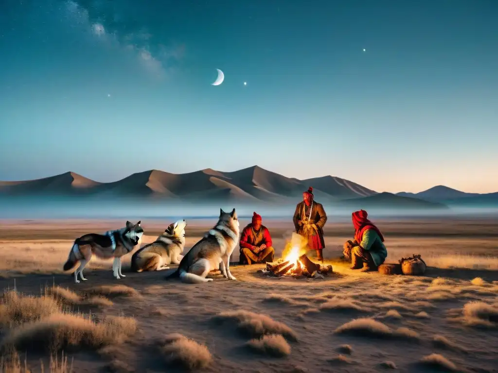 Convivencia mágica entre lobos y tribus nómadas bajo el cielo estrellado de la estepa, en un campamento cálido y ancestral