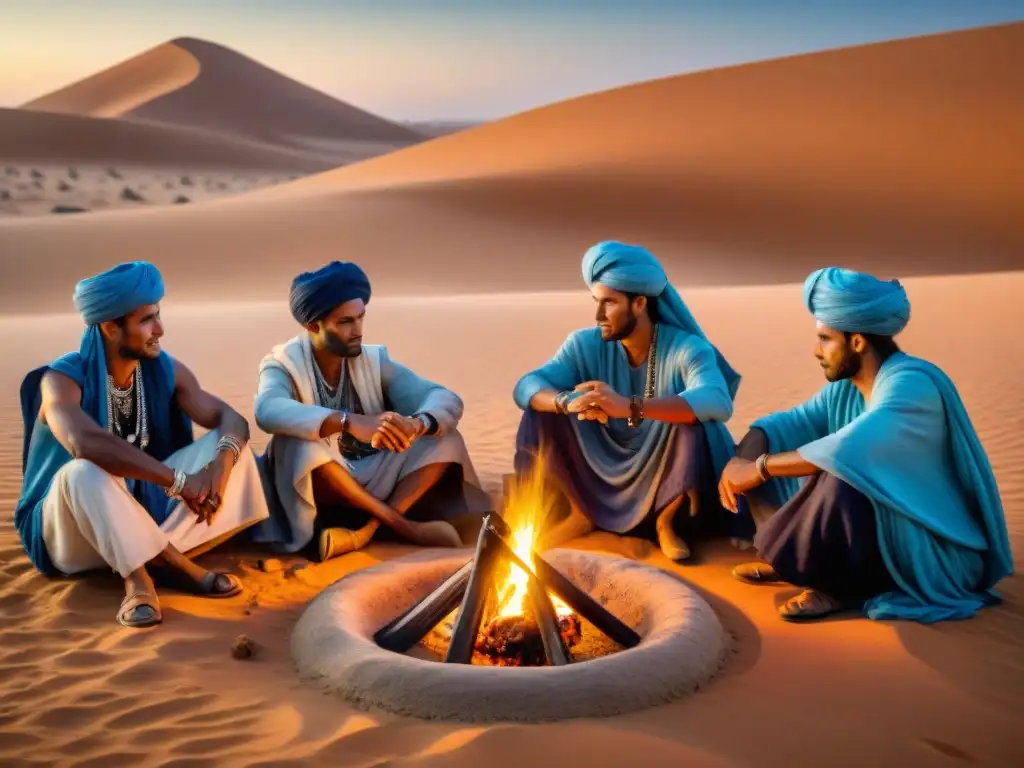 Costumbres tribales nómadas participando respetuosamente alrededor de la hoguera en el desierto del Sahara